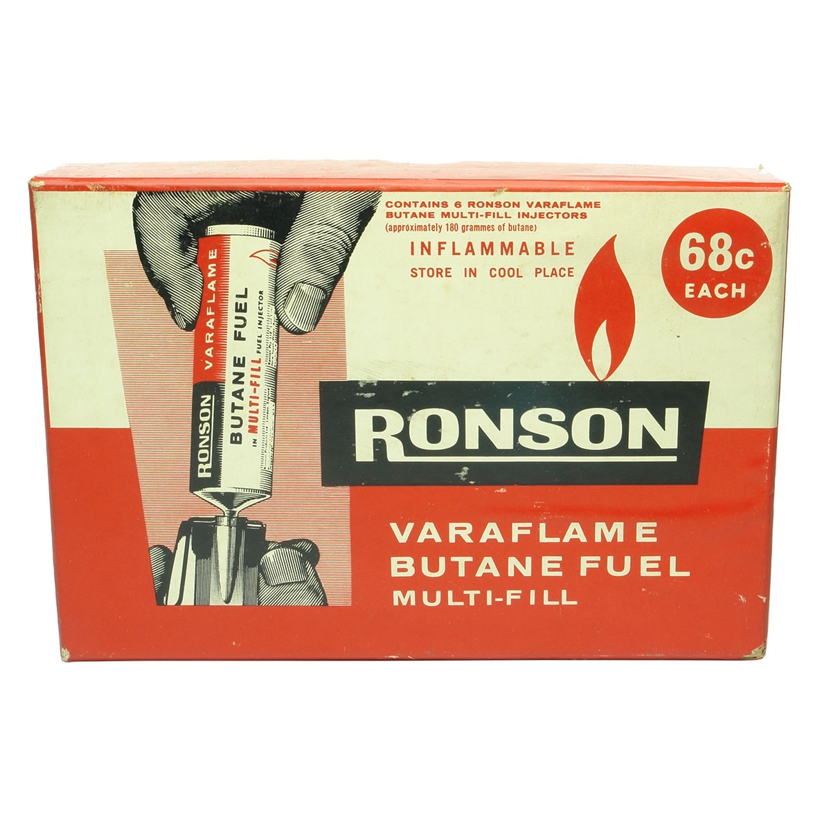 Cardboard Box. Ronson Varaflame Butane Fuel Multi-fill. 68c each. Ronson Pty Ltd Lane Cove.