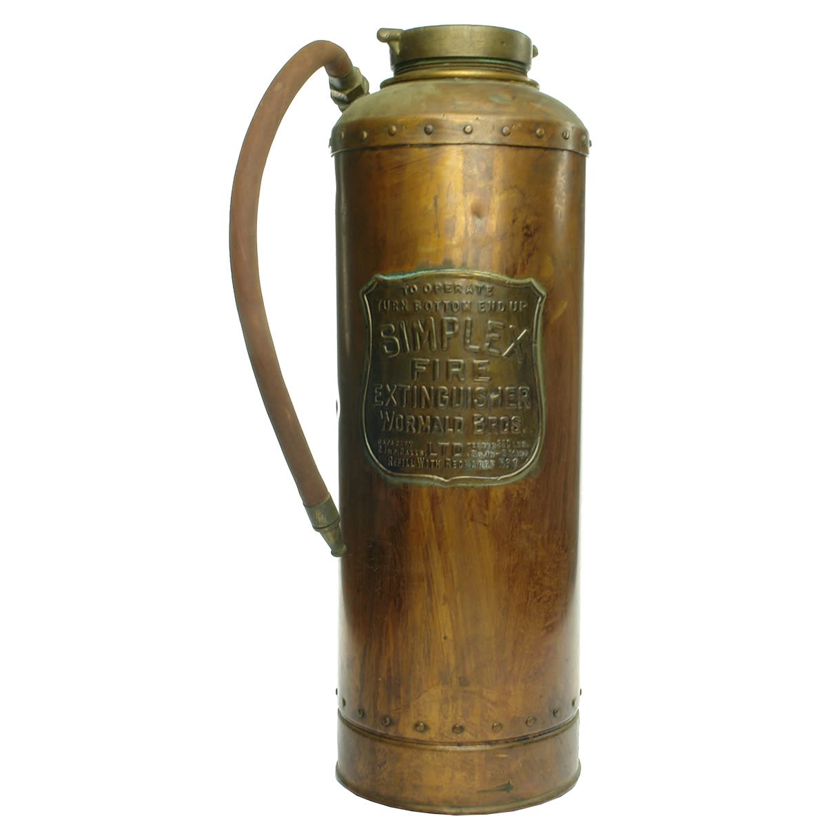 Brass Fire Extinguisher. Wormald Brothers Simplex. Polished. Retoning. Brass Shield.