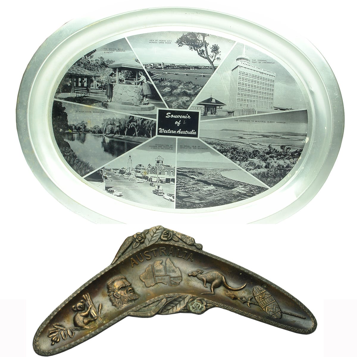 2 Trays: Serving Tray. Souvenir of Western Australia. Black & White Photo prints on Aluminium. Copper Ashtray in shape of a Boomerang. Koala; Aboriginal Man; Map of Australia (no Tasmania!); Kangaroo; Shield & Spear.