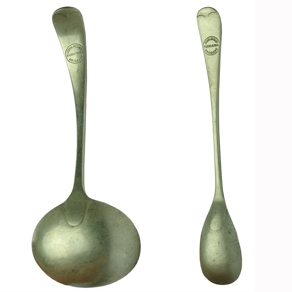 2 Spoons: John Hicks Furnisher Brisbane on back. Ladle and sugar spoon. (Queensland)