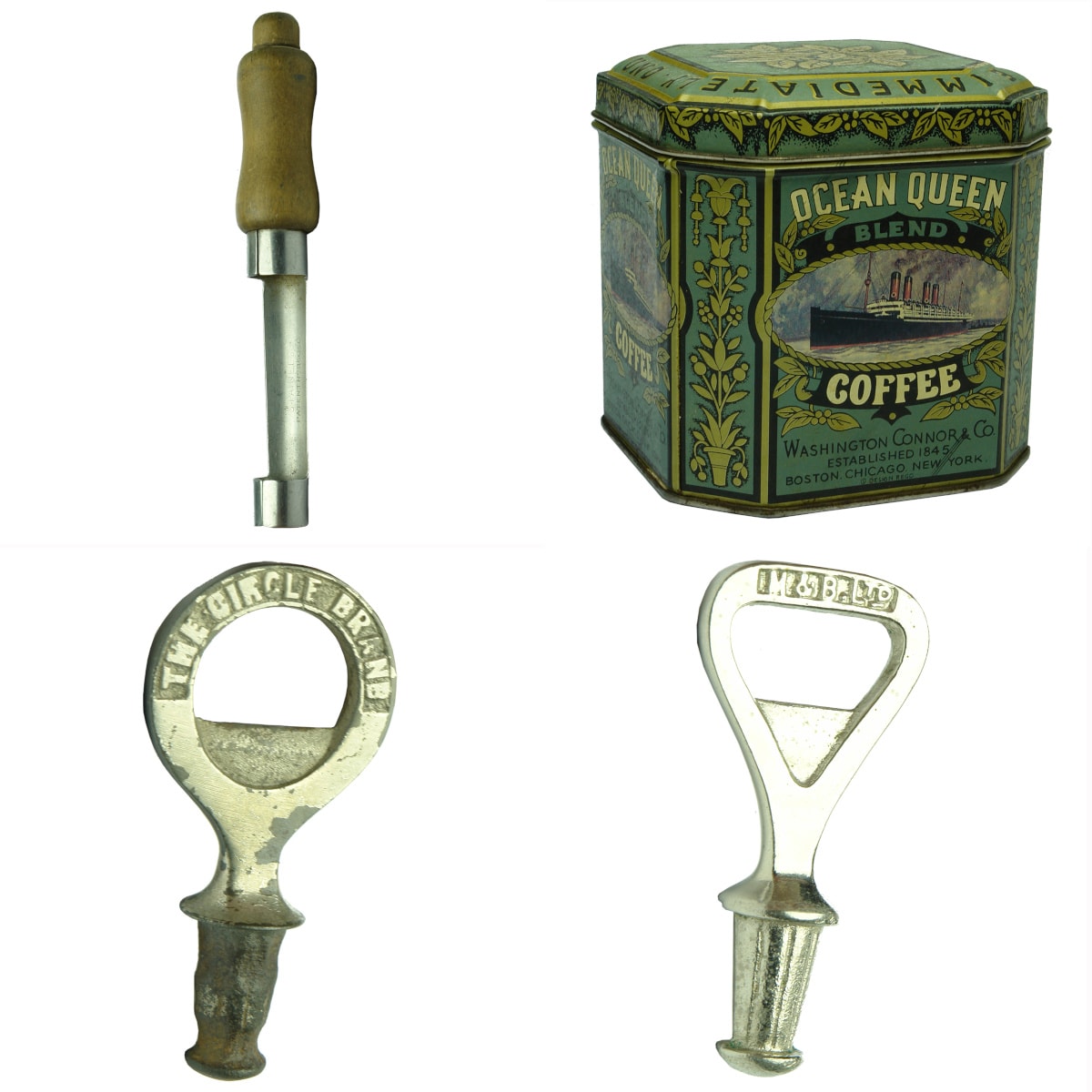 4 Items: Patent Cheese Corer; Ocean Queen Tea tin; Circle Brand Codd/CS Opener; M & B Ltd Codd & CS Opener.