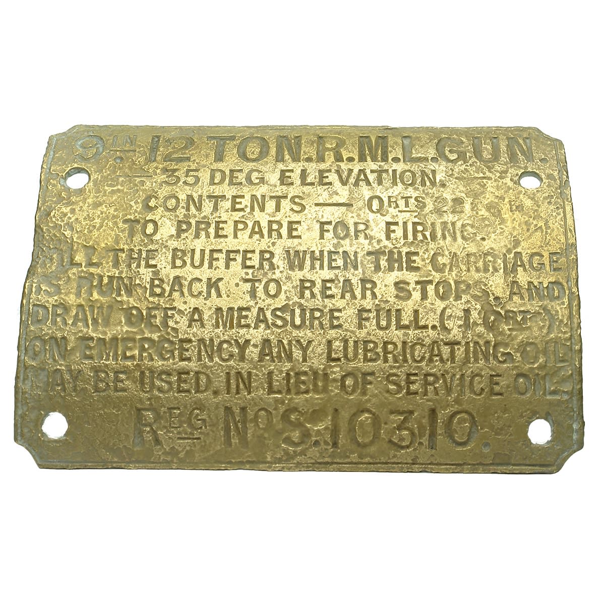 Militaria. Brass plate from a RML (Rifled Muzzle Loading) 9 inch 12 ton gun of the 1860s.