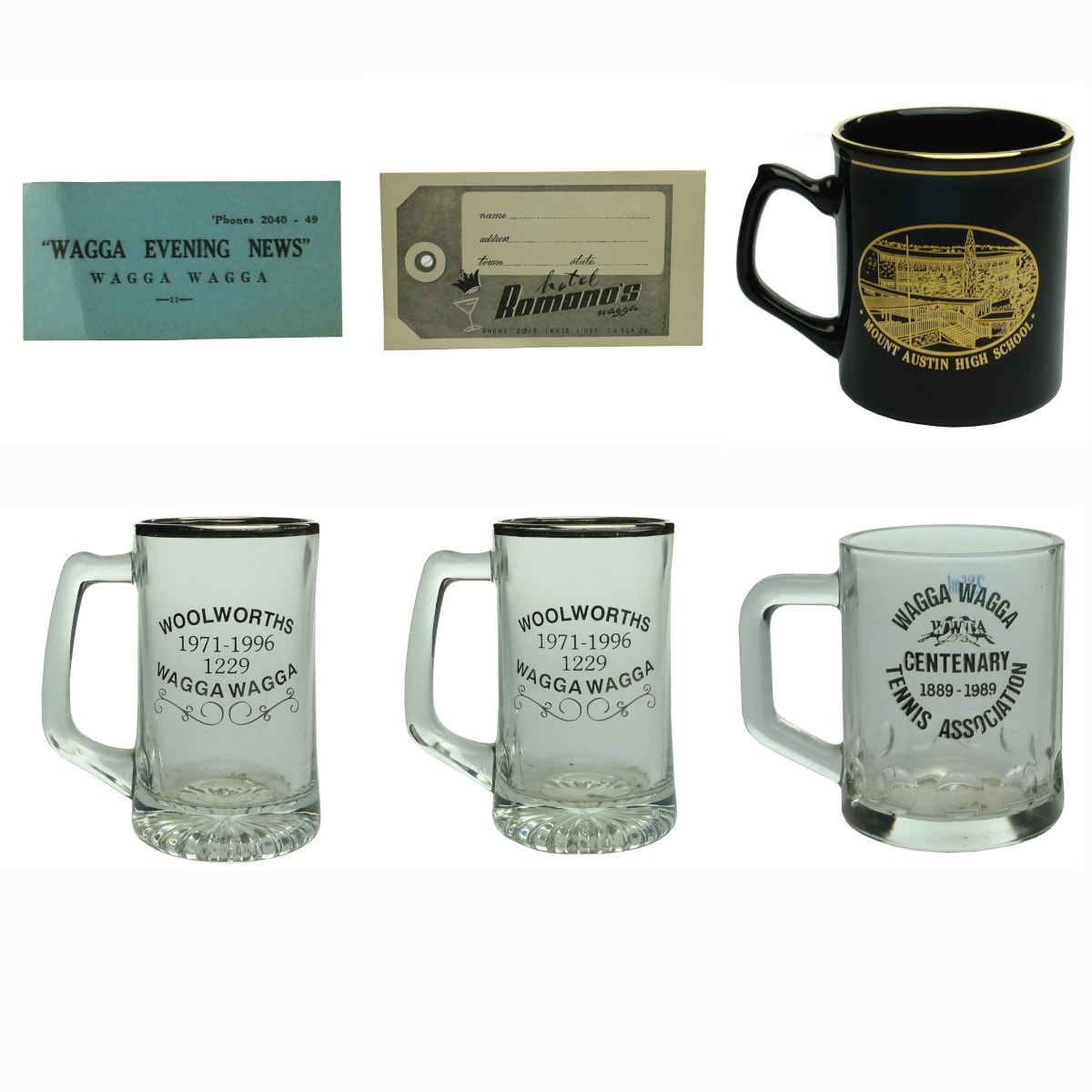 6 Wagga Items: Wagga Evening News business card; Hotel Romano's luggage tag; 2 Woolworths Wagga 1971 - 1996 glasses; Tennis Association Centenary glass; Mount Austin High School Mug. (New South Wales)
