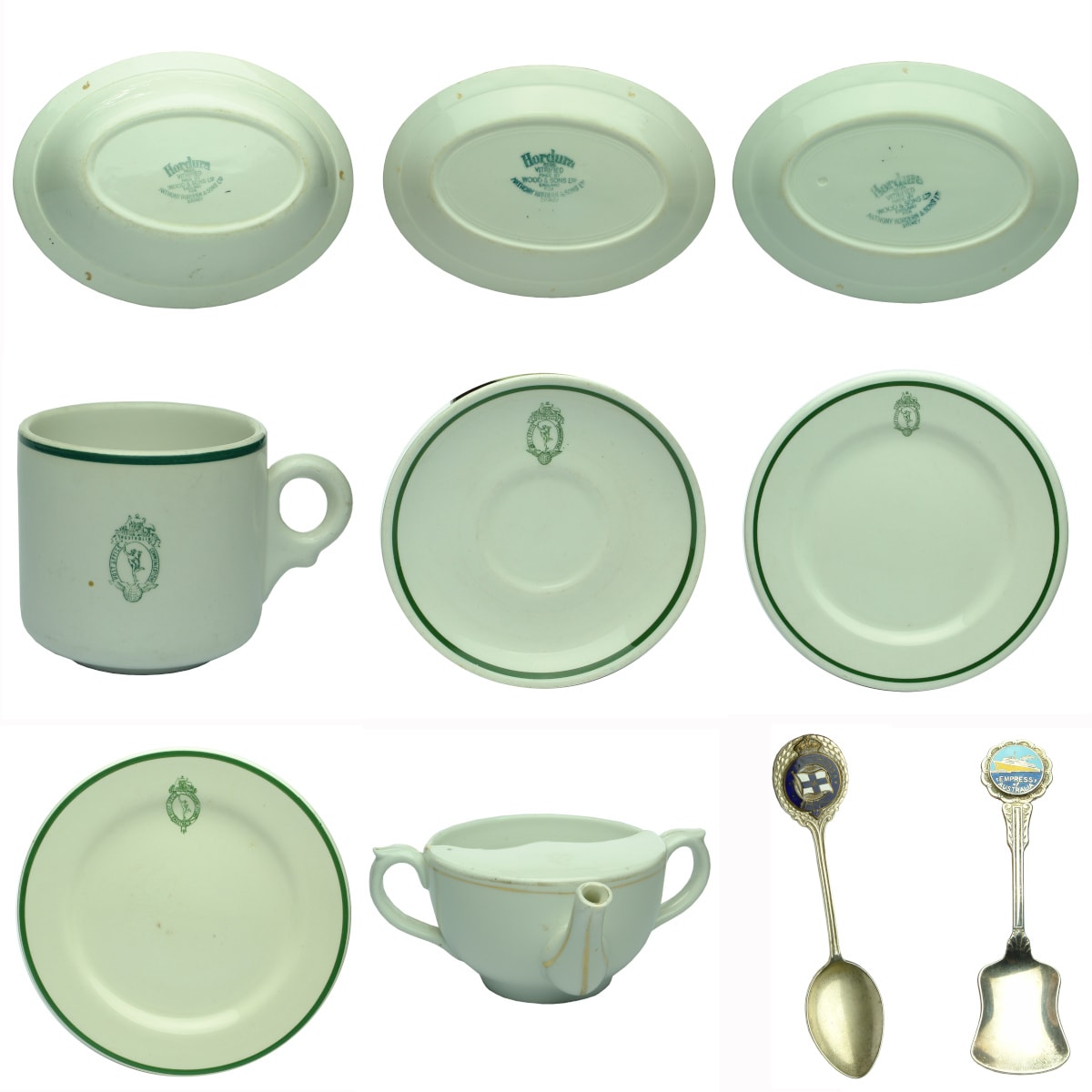 10 Items: 3 x Anthony Hordern Crockery; 4 x Aust Post Office Crockery; MAW Invalid Feeder; 2 Shipping Teaspoons.