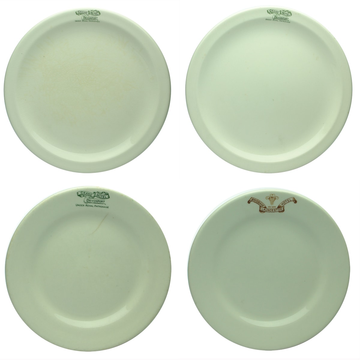 Hotelware. Four Tasmanian Pieces: 1. Grand Hotel Devonport, Dinner Plate. 2. Grand Hotel Devonport, Dinner Plate. 3. Grand Hotel Devonport, Side Plate. 4. Brisbane Hotel, Launceston, Side Plate. (Tasmania)