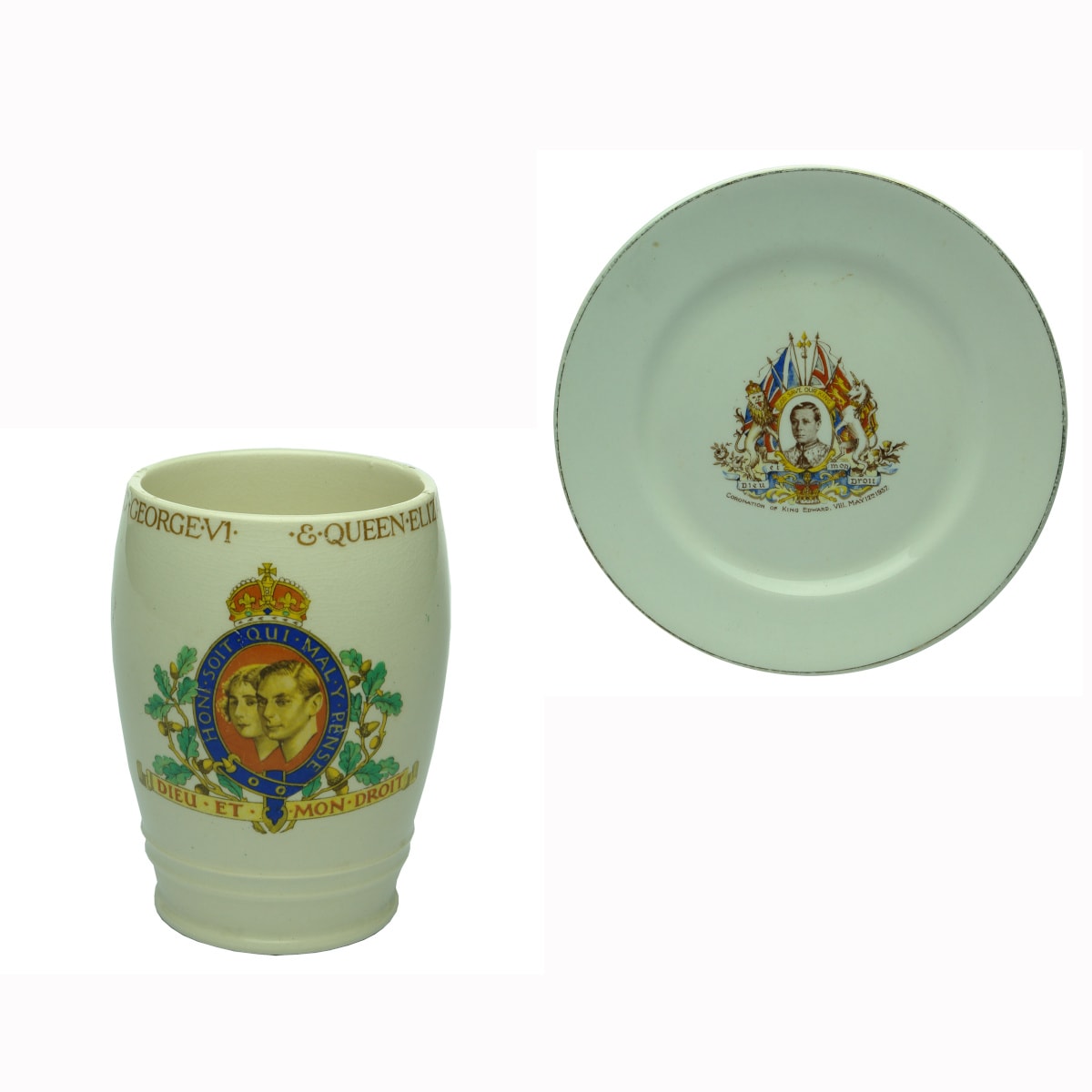 2 Items 1937 Coronation: Mug. May 1937 King George VI. T. G. Green & Co Ltd; Small Royalty Plate. Coronation of King Edward VIII May 12th 1937. Flags. Portrait etc.