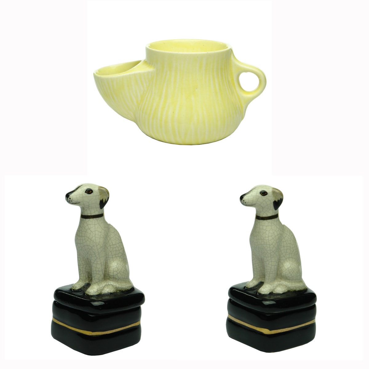 3 Items. Shaving Mug. Yellow & White textured decoration. England to base; 2 Pottery Trinket Boxes. Dogs sitting on top of lids. Made in Japan.