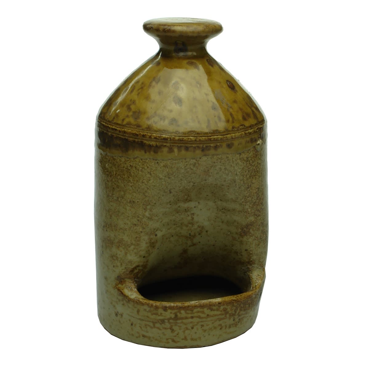 Bird Feeder. 1 impressed in the top. Very mottled glaze. No potters stamp. Sourced in New South Wales.