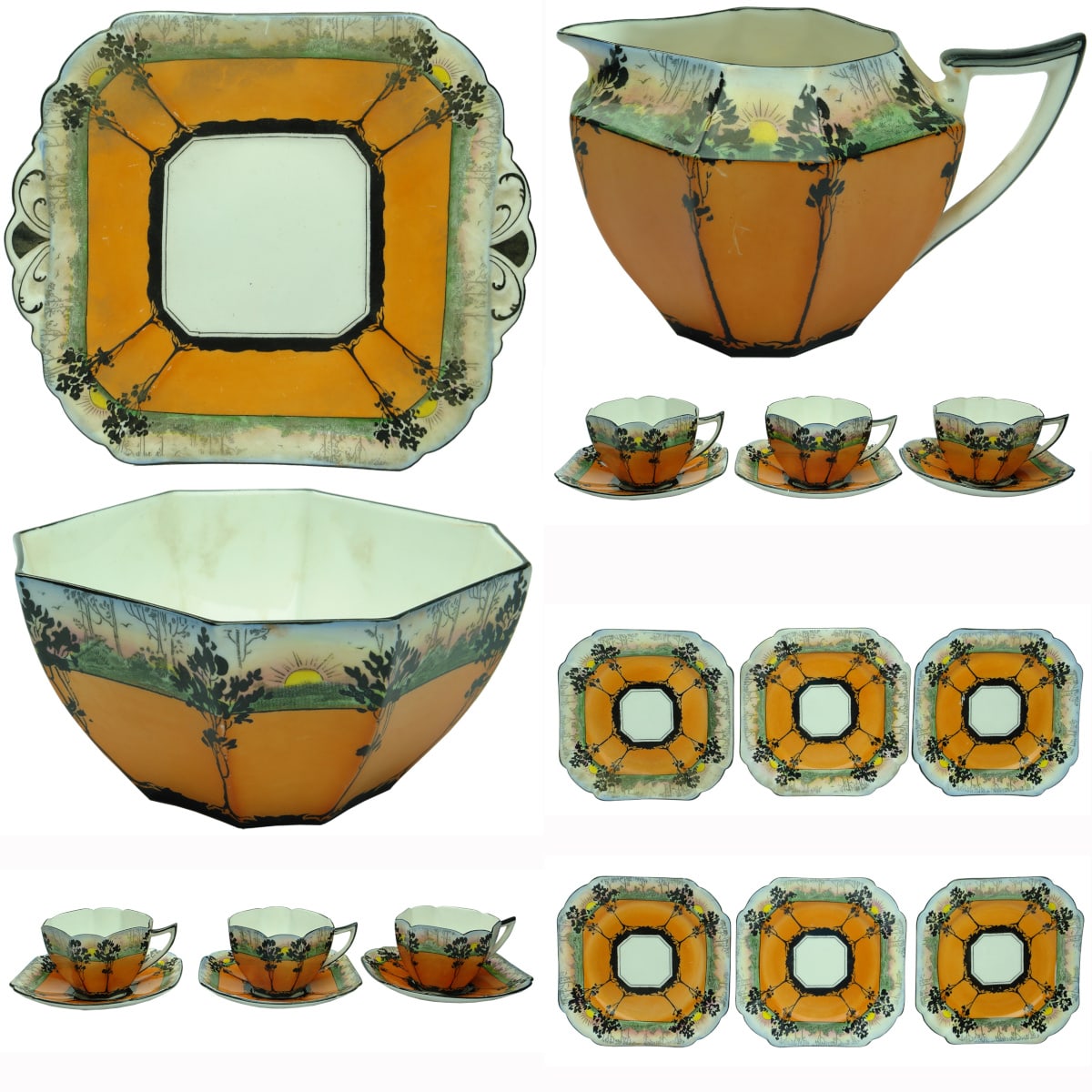 China. Shelley Art Deco Queen Anne English Fine Bone China Teaset comprising a plate, bowl, jug, six cups with saucers and six small dishes. Tall trees and sunrise on pattern, Pattern 11513.