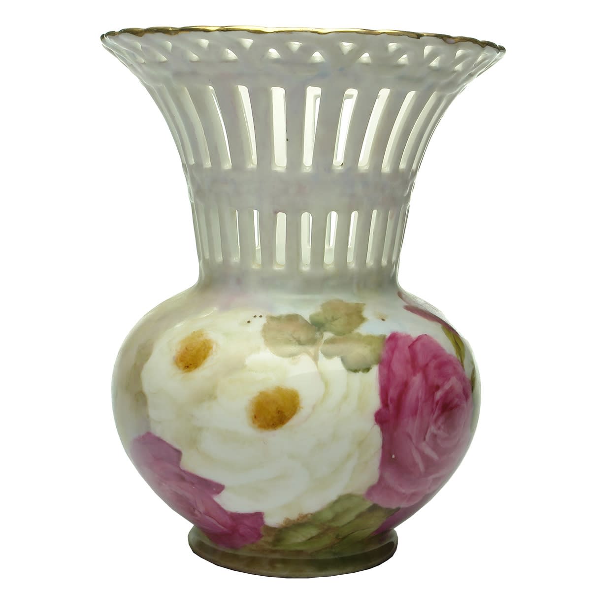 Handpainted Ceramic Vase. Roses. Gold Leaf Border. Base : L. Mary Newth 2006.
