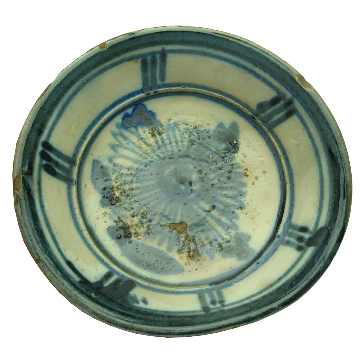 Chinese. Small light grey and dark blue dish.