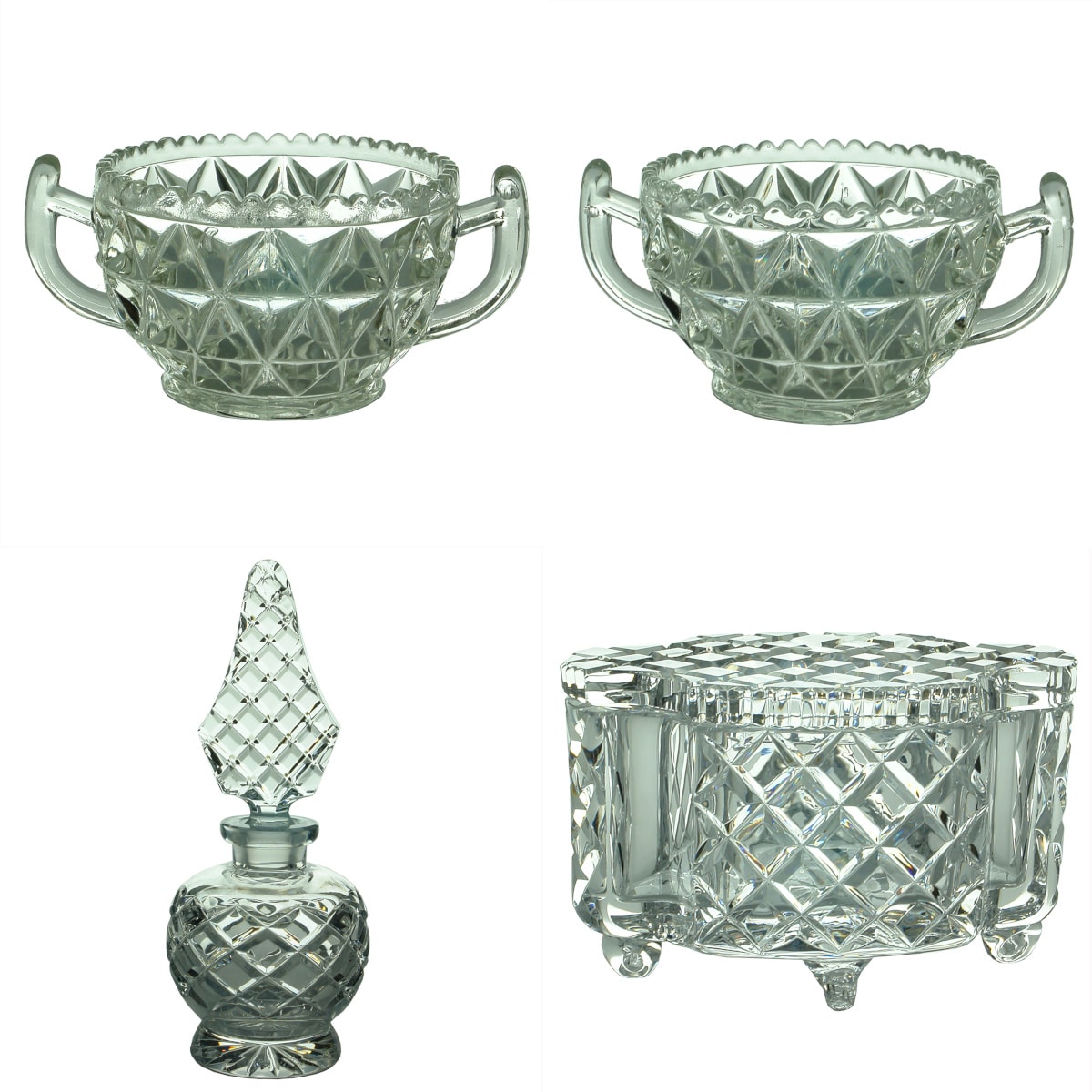 4 Crystal/moulded glass pieces: 2 double handed bowls; Scent with stopper; Lidded fancy shape bowl.