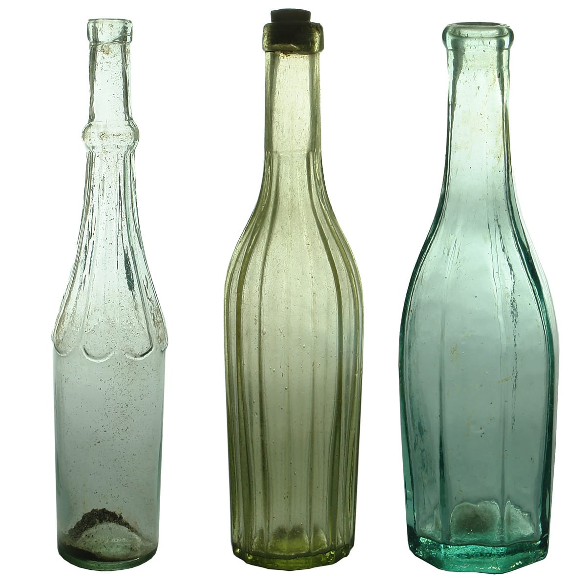 3 Goldfields Salad Oils.Whybrow Salad Oil; Ribbed Salad Oil, Lime coloured; Octagonal Salad Oil.