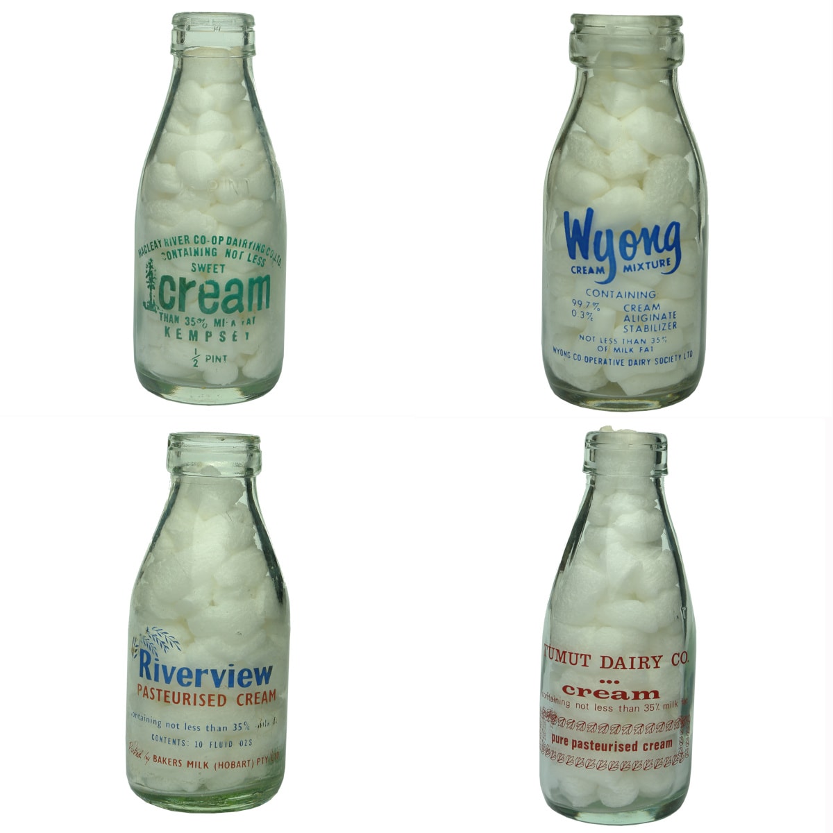 4 Ceramic Label Creams. Macleay River Co-Op Dairying Co. Ltd., Kempsey; Wyong Cream Mixture; Riverview, Bakers Milk Hobart; Tumut Dairy Co. (New South Wales & Tasmania)
