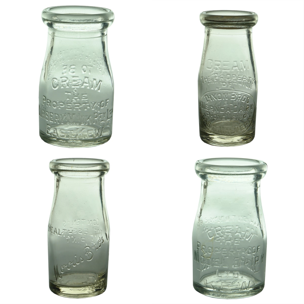 4 Creams. Nursery Milk Pty Ltd, East Kew. Base: 3; Dixon Bros Mernda Dairy Malvern. Base: 377; Morris Bros, Health Drink; Model Dairy Kew. Base: 4. (Victoria)