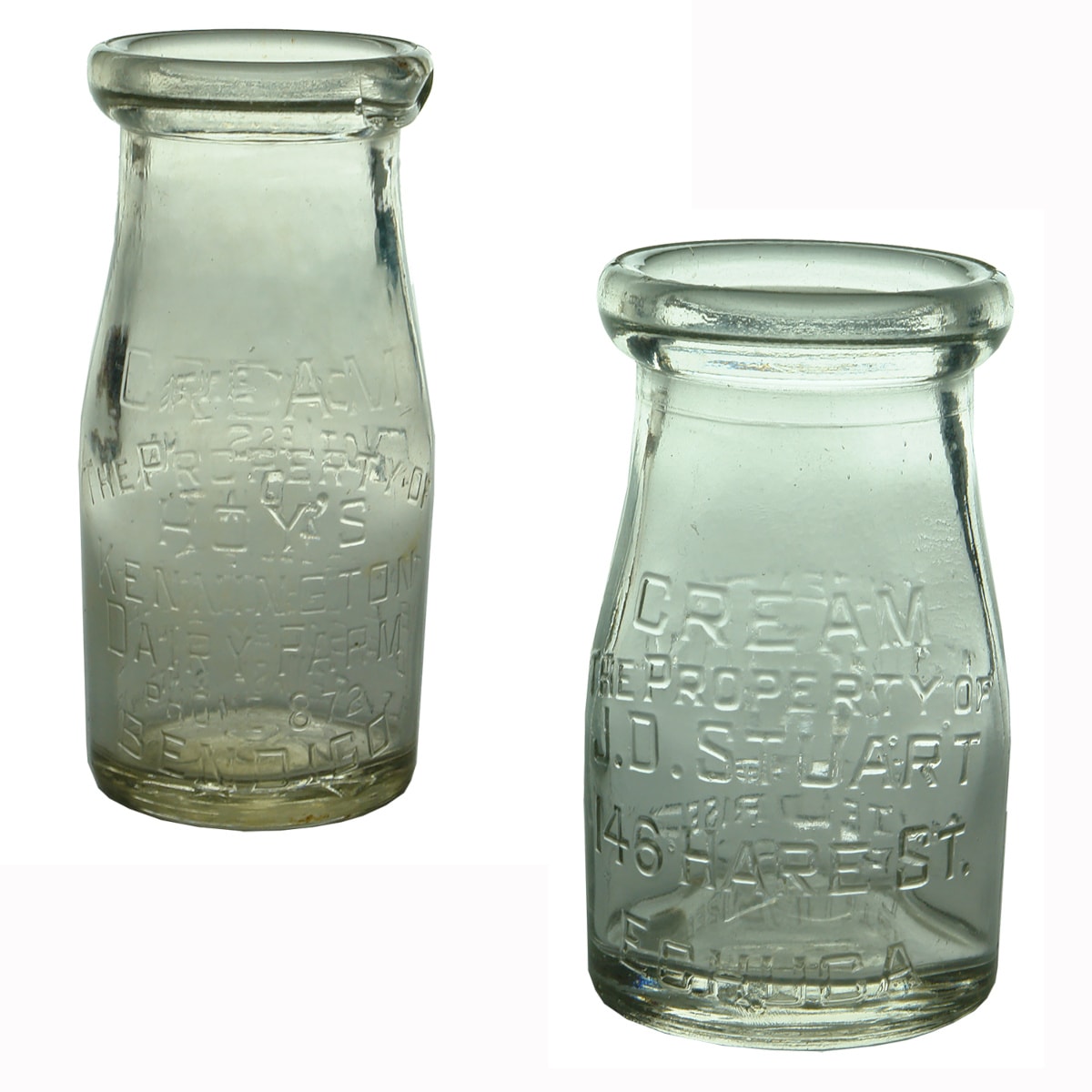 2 Creams. Hoy's Kennington Dairy Farm Bendigo. Base. 284; J. D. Stuart, 146 Hare St., Echuca. Base: 311. (Victoria)