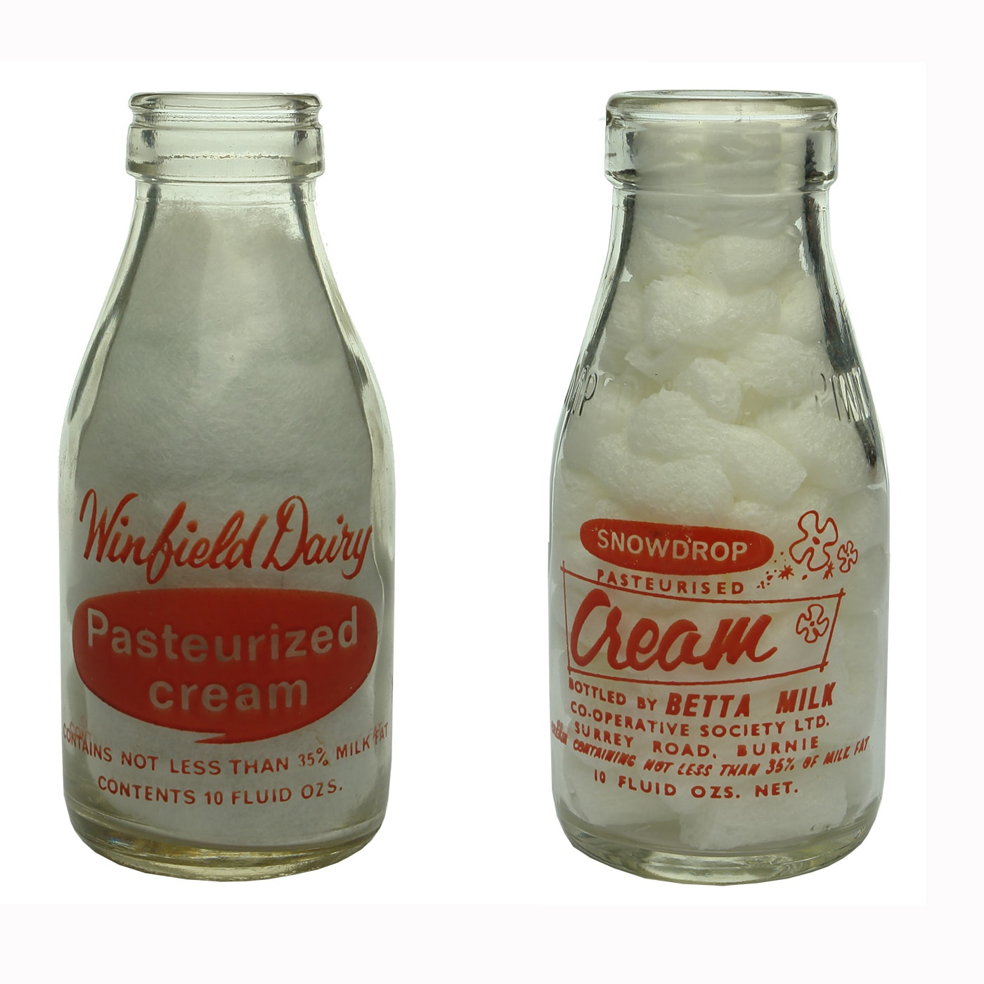 2 Ceramic Label Creams. Winfield Dairy, East Devonport. Foil top. 1/2 Pint. Red Print; Snowdrop. Better Milk Co-operative Society Ltd., Surrey Road, Burnie. Half Pint. (Tasmania)