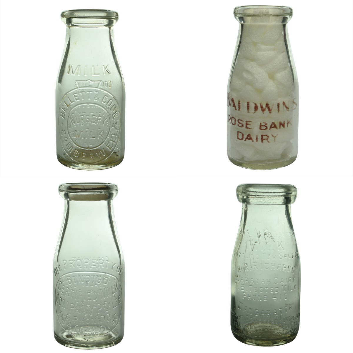 4 Half Pint Milks. Bellett & Cook, Nursery Milk, Camberwell. Base: 2; Baldwin's Rose Bank Dairy ceramic label. Base 147; 3. Bendigo Certified Milk Co Pty Ltd. Base: 38; H. R. Richards, Wangaratta. Base 587. (Victoria)