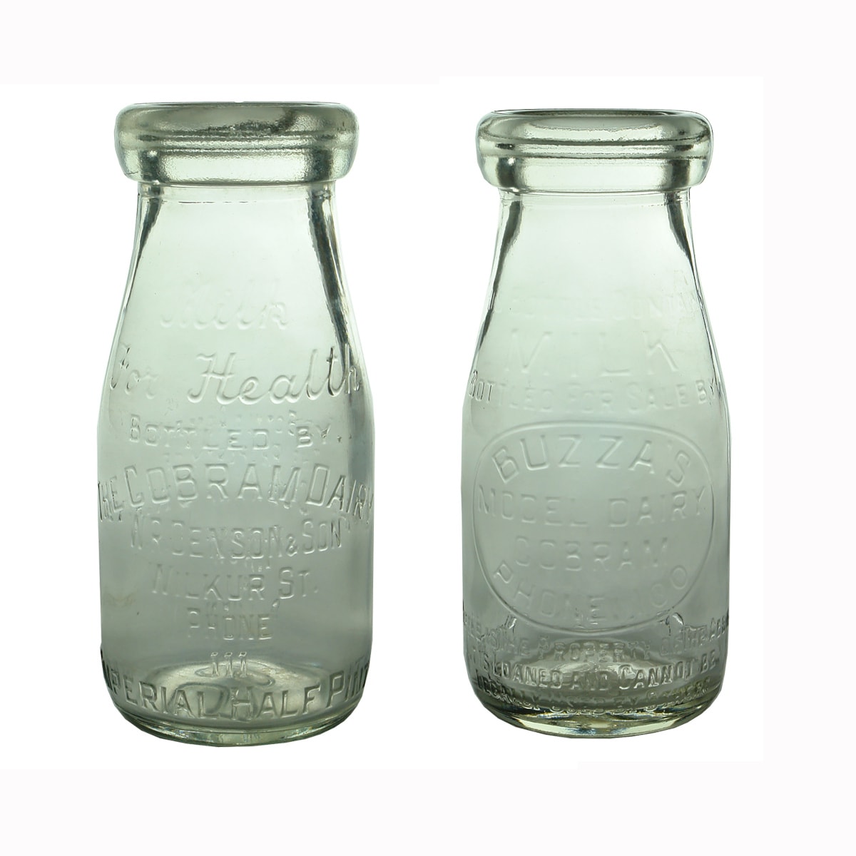 2 Milks. The Cobram Dairy. W. R. Denson & Son, Wilkur St. Base: 590; Buzza's Model Dairy, Cobram. Base: 589. Half Pints. (Victoria)