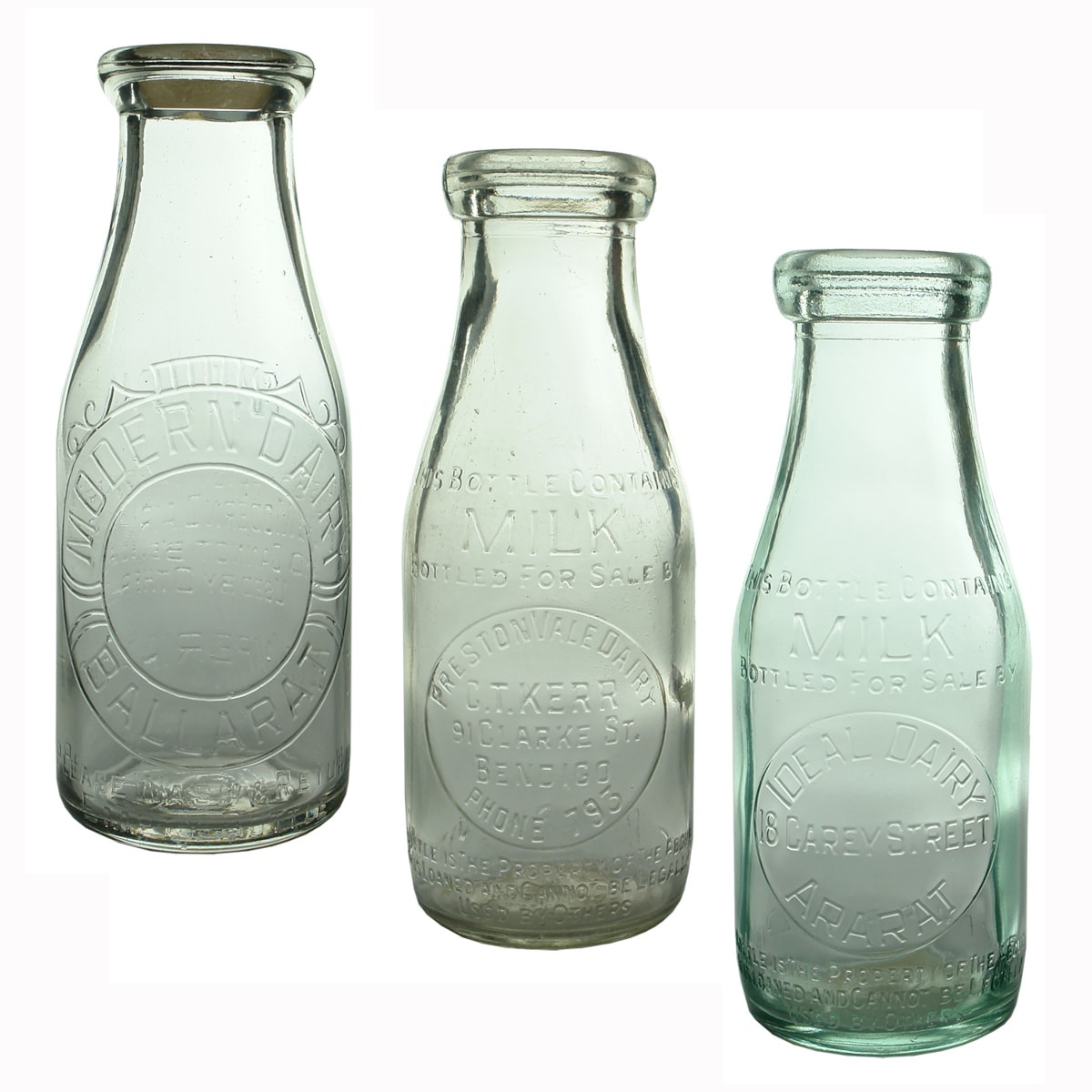 3 Milk Bottles: Modern Dairy, Ballarat, Base No: 295; C. T. Kerr, Preston Vale Dairy Bendigo, Base No. 566; Ideal Dairy Ararat, Base No. 606. (Victoria)