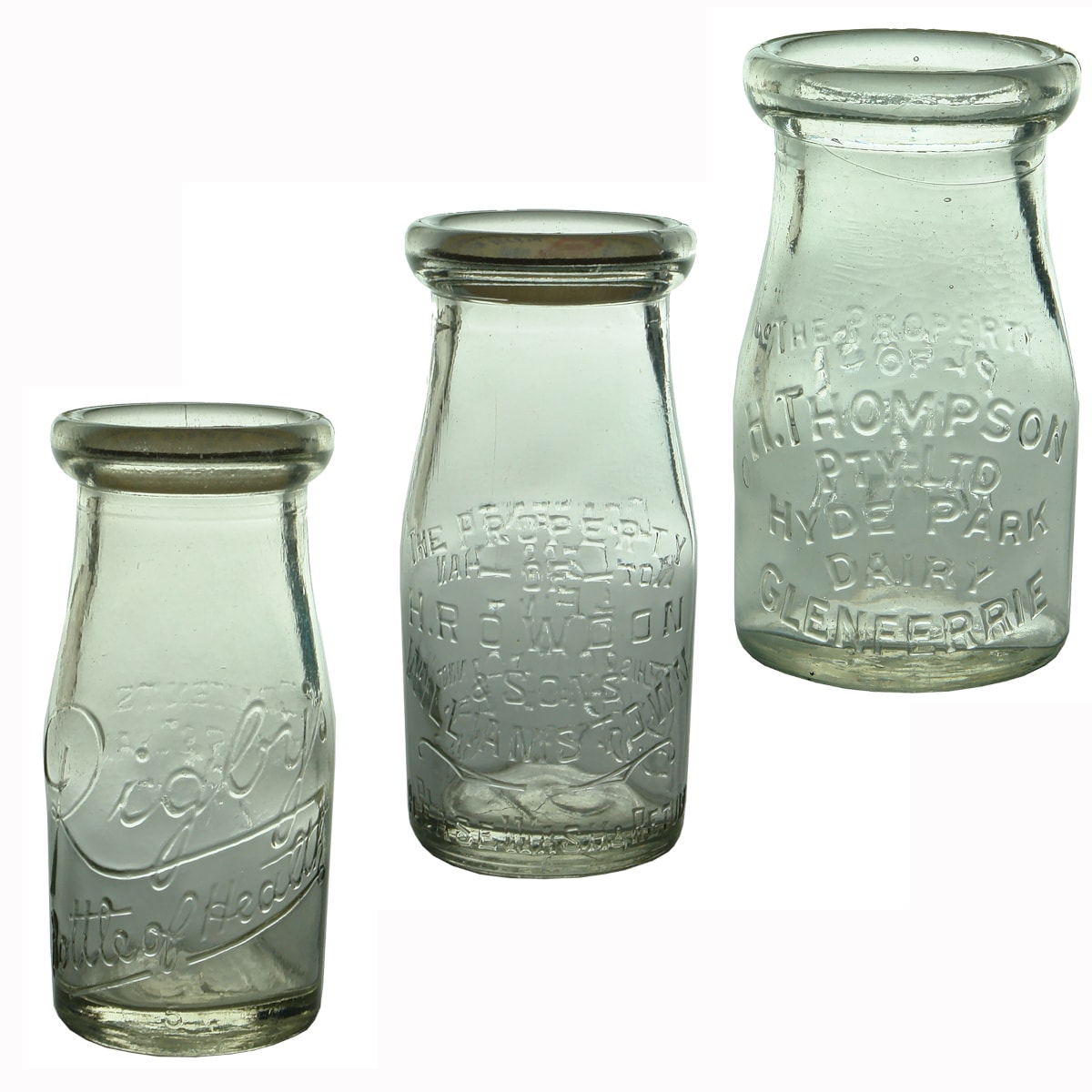 3 Creams. Rigby's Bottle of Health. Base: 50; H. Rowdon & Sons Williamstown. Base: 51; H. Thompson Pty Ltd, Hyde Park Dairy, Glenferrie. AGM Base mark. (Victoria)