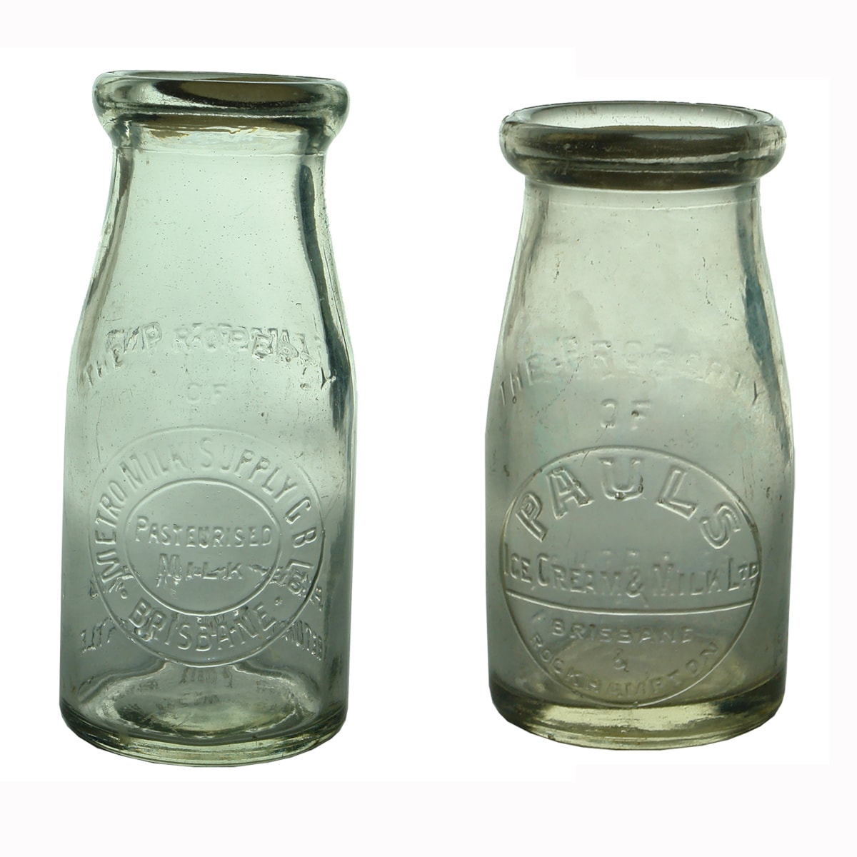 2 Milks/creams. Metro Milk Supply C. B. Ltd. Brisbane. Half Pint; Pauls Ice Cream & Milk Ltd., Brisbane & Rockhampton. 1/4 Pint. (Queensland)