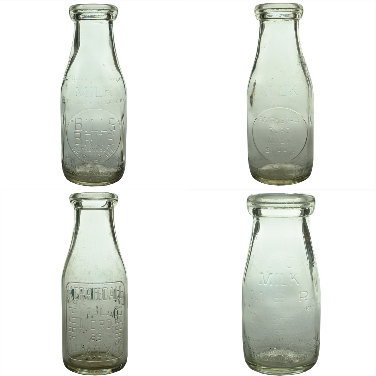 4 Milks: Bills Bros, Bairnsdale; Bairnsdale Pure Milk Supply; Kerriedale, Mordialloc; Half Pint MBR. (Victoria)