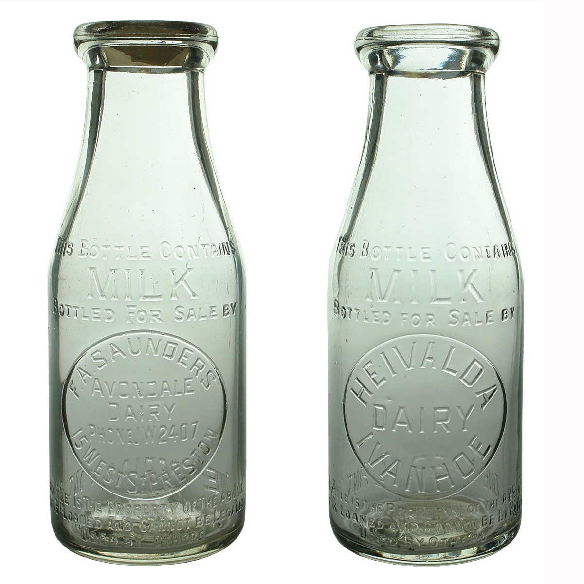 2 Milks. F. A. Saunders, Avondale Dairy, 15 West St., Preston. Base Number: 43; Heivalda Dairy, Ivanhoe. Pint. Base Number 496. (Victoria)