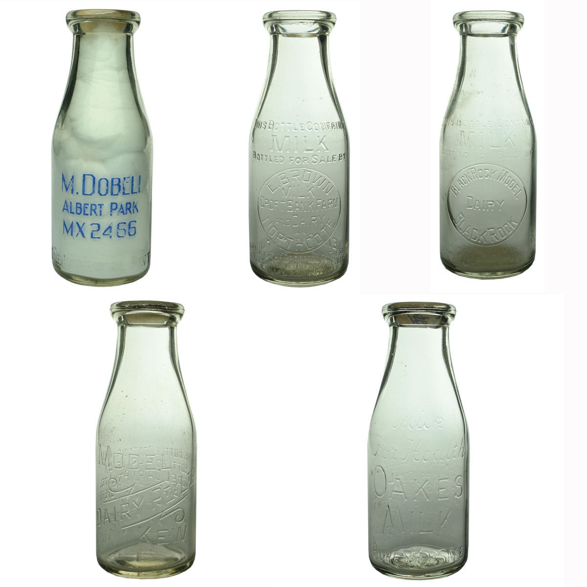 5 Milks. M. Dobeli, Hambleton Dairy, Albert Park. Base: 47; E. Brown, Northcote. Base: 119; Black Rock Model Dairy. Base: 440; Model Dairy Kew. Base: 4; Oakes Milk Richmond. Base: 28. (Victoria)