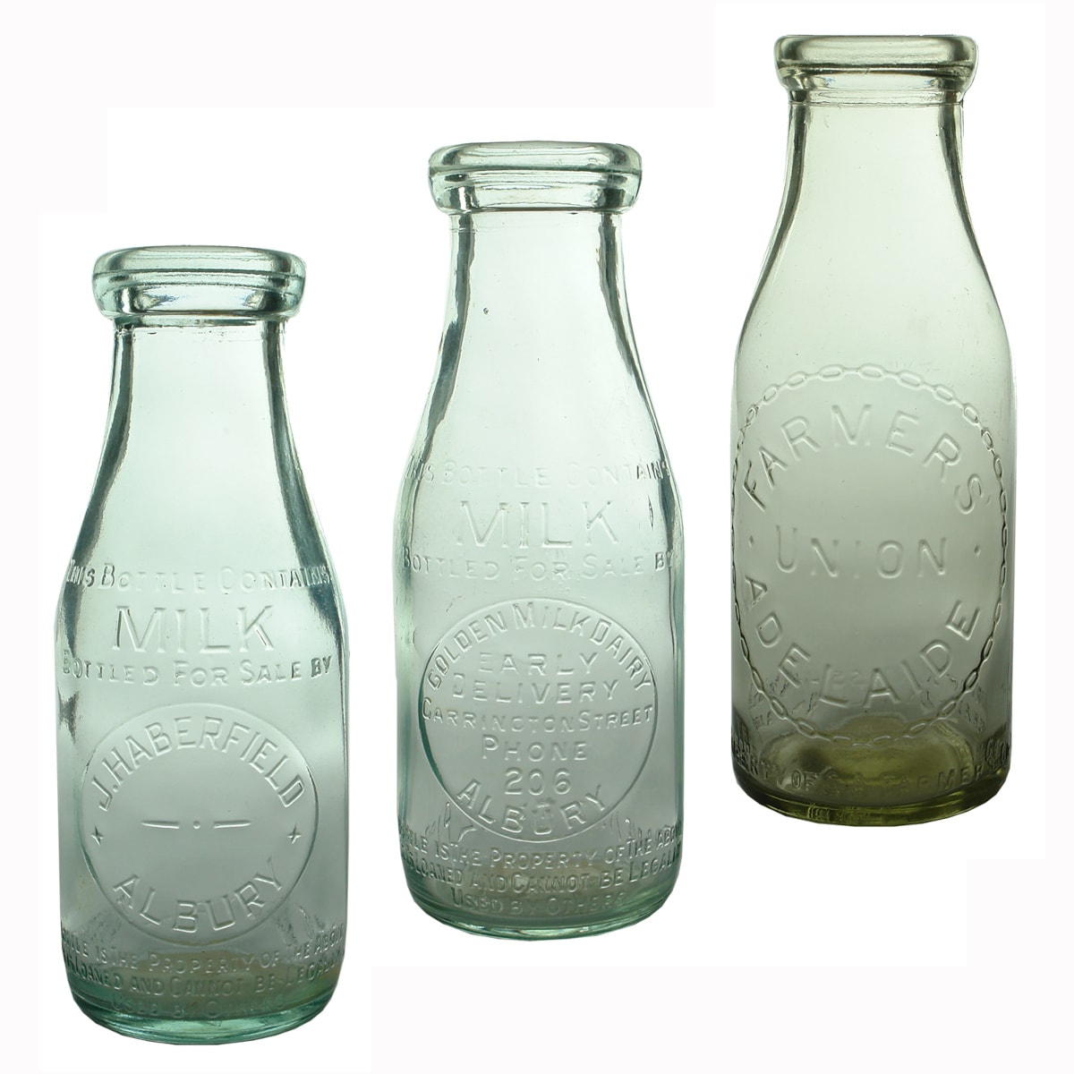 3 Milk Bottles: J. Haberfield, Albury. Base Number 342; Golden Milk Dairy, Carrington Street. Base Number: 277; Farmers Union Adelaide 18 oz. (New South Wales & South Australia)