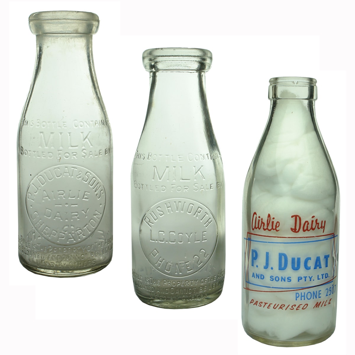 3 Milk Bottles: P. J. Ducat & Sons, Airlie Dairy, Shepparton. Base No: 477; L. C. Coyle, Rushworth. Base No. 577; Ceramic Label Ducat & Sons. (Victoria)