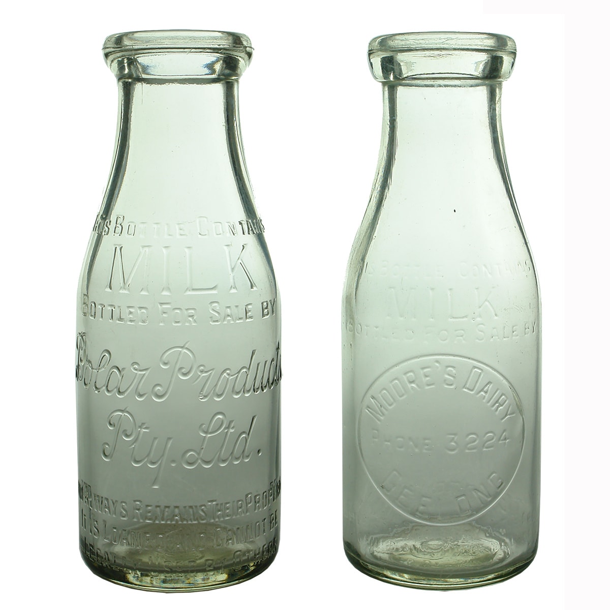 2 Geelong Milk Bottles: Polar Products Pty Ltd, Base Nunber 21; Moore's Dairy Geelong, Base Number 553. Pint. (Victoria)