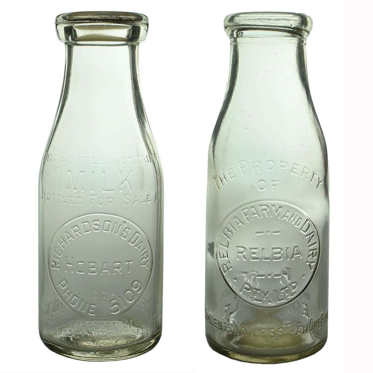 2 Milks. Richardson's Dairy, Hobart. Base Number: 87; Relbia Farm and Dairy Pty Ltd. Wad lip. 1 Pint. (Tasmania)