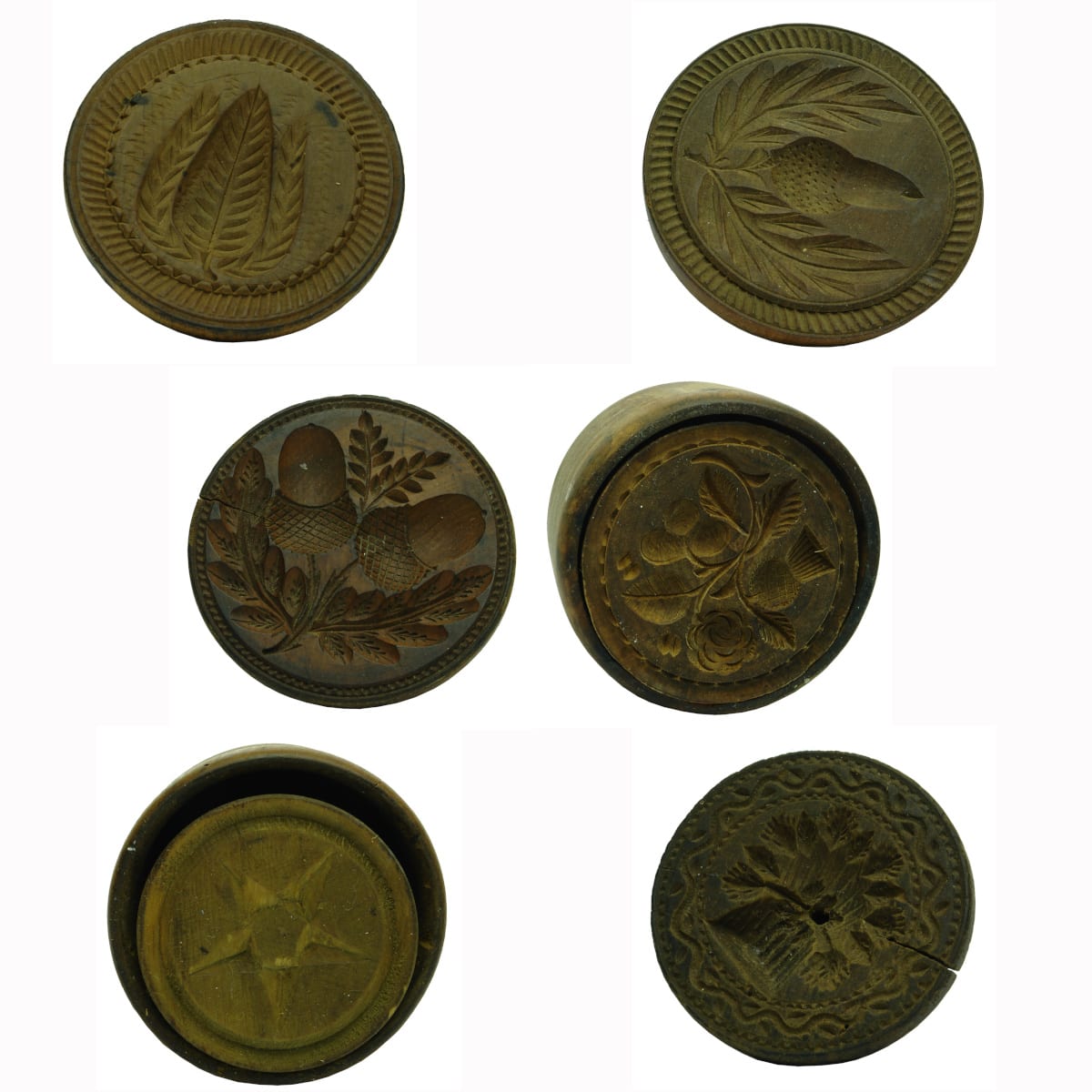 6 Wooden Butter Stamps: Oakleaves; Acorns; Thistle & Rose; Star; Wheatsheaf etc.
