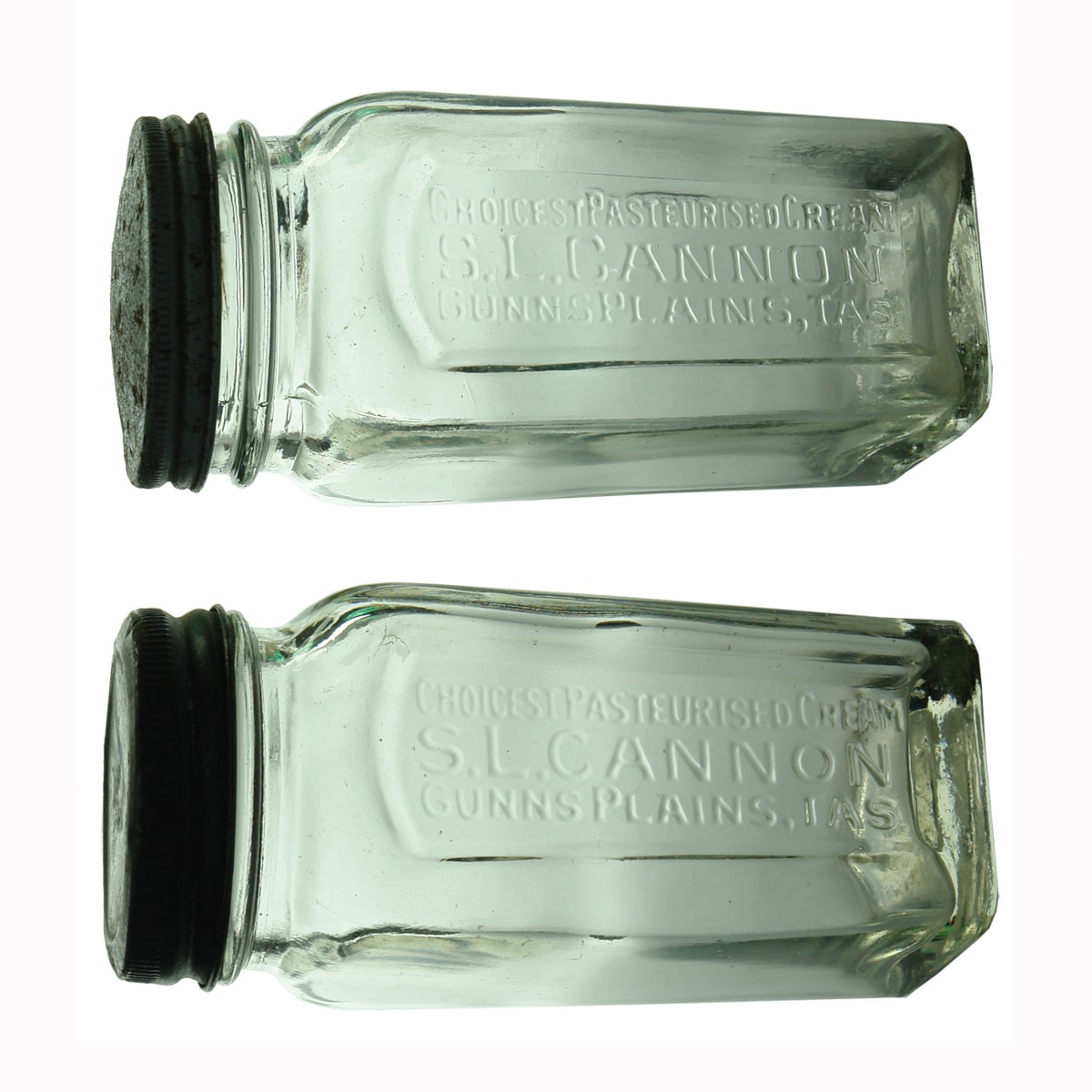 2 Cream Jars: S. L. Cannon, Gunns Plains. Screw Top. Clear. 7 oz. (Tasmania)