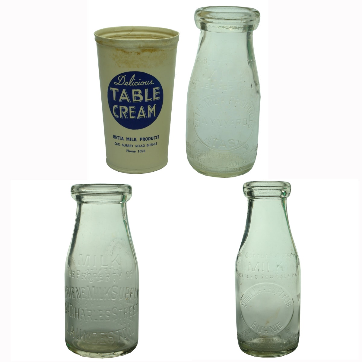 Dairy. Four Tasmanian items: 1. Betta Milk Products, Burnie. Wax Cream Cup. 14 oz. 2. Betta Milk Products, Wynyard. Wad Lip. Clear. 1/2 Pint. 3. Hygiene Milk Supply, Launceston. Wad Lip. Clear. 10 oz. 4. Model Dairies Pty. Ltd., Burnie. Wad Lip. Clear. 1 Pint. (Tasmania)