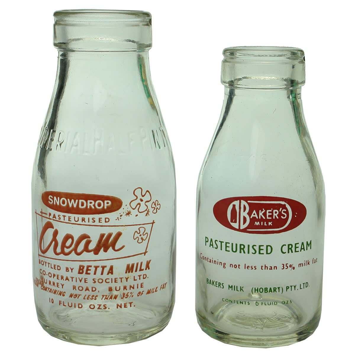 Milk. Two ceramic label creams: 1. Snowdrop Cream, Betta Milk, Burnie. Red Print. 10 oz. Foil top. 2. Baker's Milk, Pasteurised Cream, Hobart. Red and Green Print. 6 oz. (Tasmania)