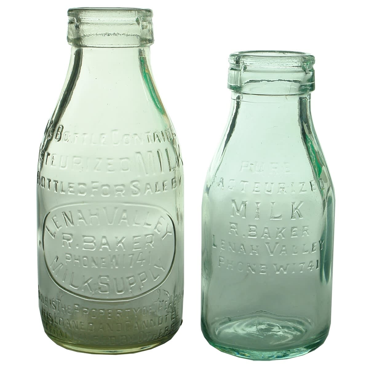 Milk. Two embossed foil top milks: 1. Lenah Valley Milk Supply, R. Baker. Clear. 1/2 Pint. 2. R. Baker, Lenah Valley. Aqua. 1/3 Pint. (Tasmania)