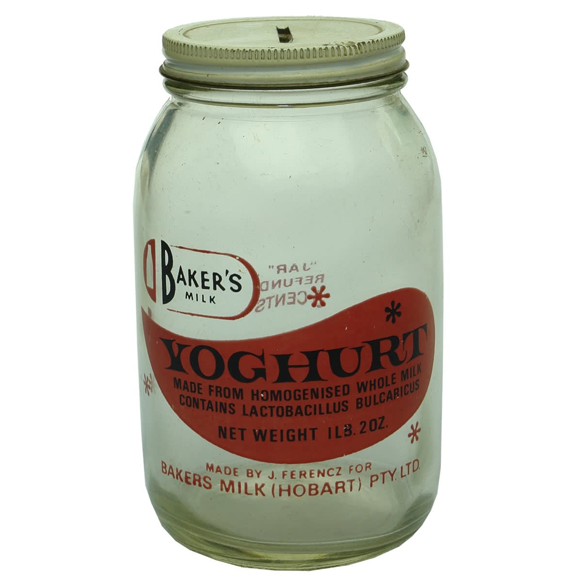 Dairy. Baker's Milk, Hobart. Yoghurt. Red and Black Print. 1 Lb. 2 oz. Doubles as Money Box. (Tasmania)