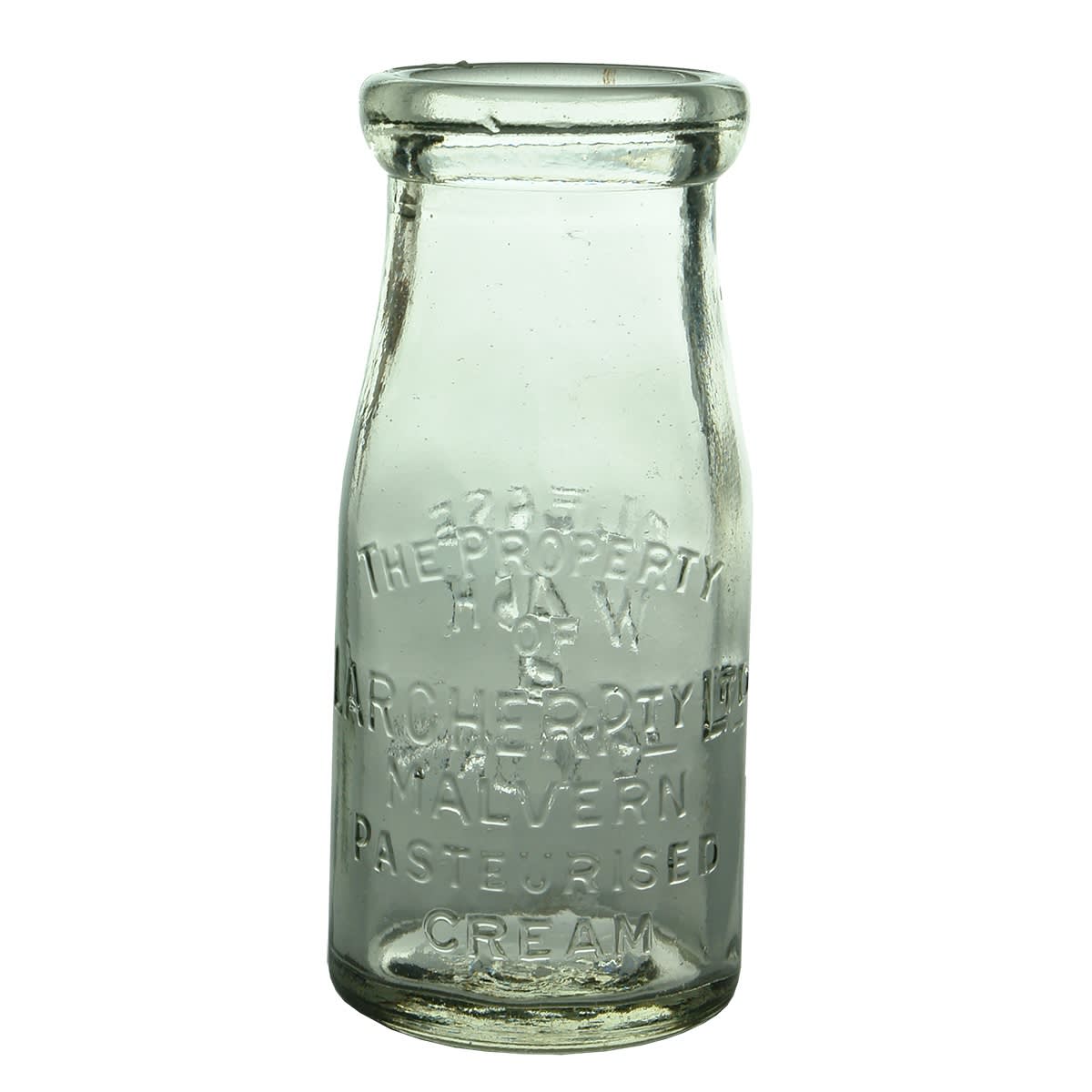 Milk. Larcher Pty Ltd, Malvern, Pasteurised Cream. Wad Lip. Clear. 1/2 Pint. AGM Base Mark. (Victoria)