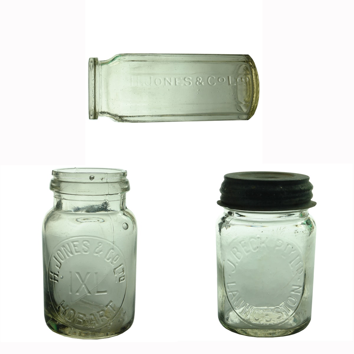 3 Jars. H. Jones & Co Ltd, IXL, Hobart. Clear. 1/2 Pound. (Vacola style); H. Jones & Co Ltd. Clear. 14 Sided. 1/2 Pound; J. Beck Pty Ltd, Launceston. Screw Top. Clear. 1 Pound.