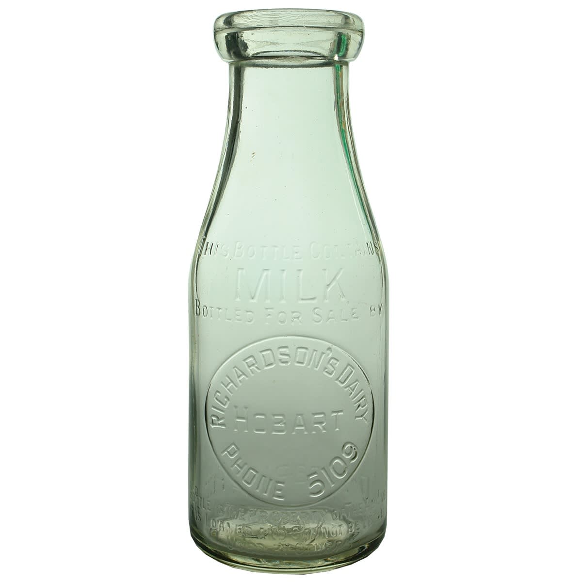 Milk. Richardson's Dairy, Hobart. Wad Lip. Clear. 1 Pint. Base: 87. (Tasmania)