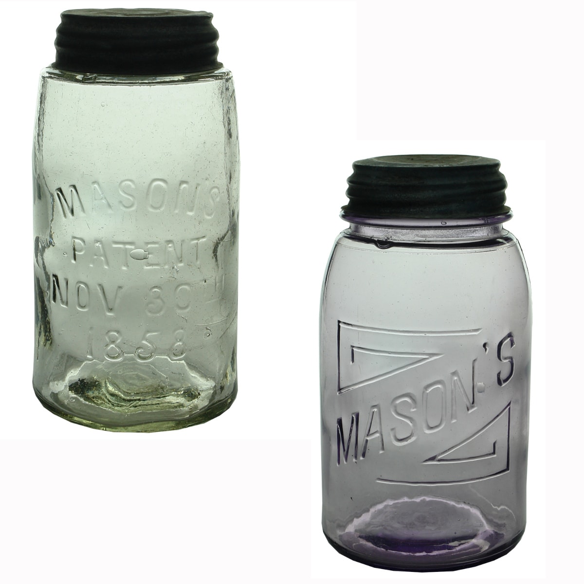 2 Quart Masons Jars. Mason's Patent Nov 30th 1858 and Masons diagonally in geometric shapes. Clear & Sun Coloured Amethyst.