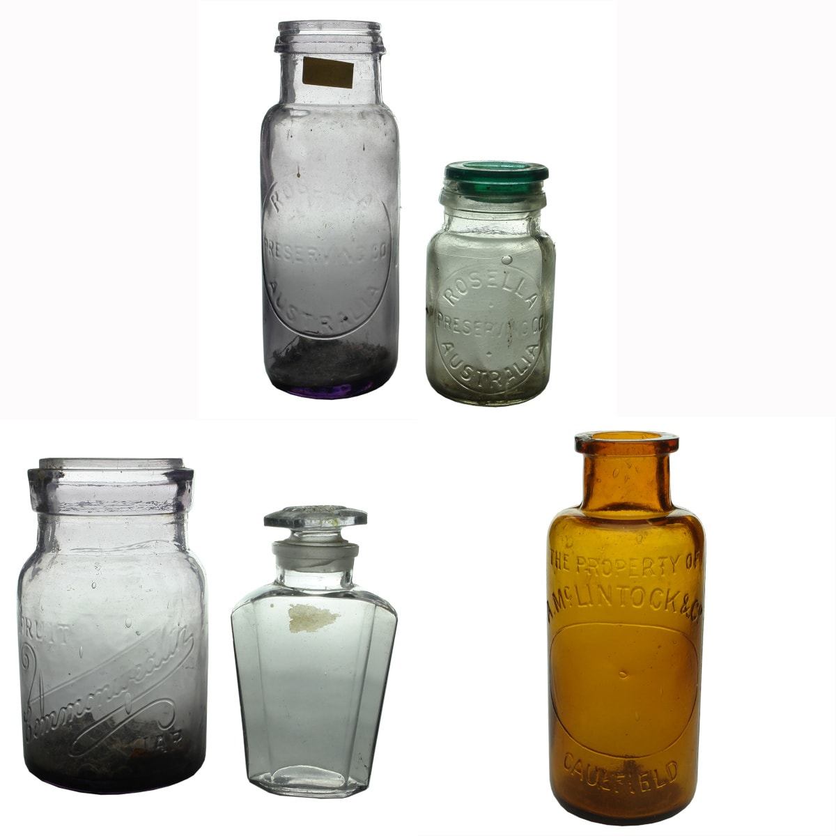 5 Jars. 1. Rosella Preserving Co., Australia. 2 Pint. 2. Rosella Preserving Co., Australia. 1/2 Pint. 3. Commonwealth Fruit Jar. 1 Quart; Amethyst Stoppered Tapered Flat Multisided Jar; A. McLintock & Co., Caulfield amber Salts Jar.