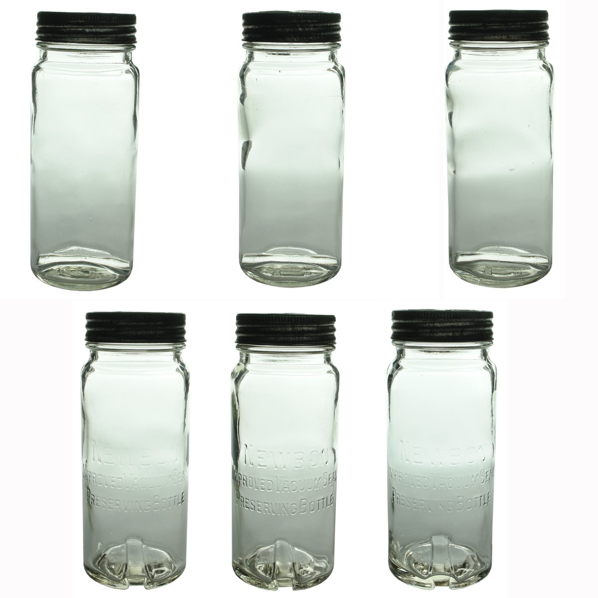 Jars. 3 plain and 3 embossed Newbon Improved Vacuum Seal Preserving Jars. 36 oz capacity. (Charles Davis Ltd., Hobart, Tasmania)
