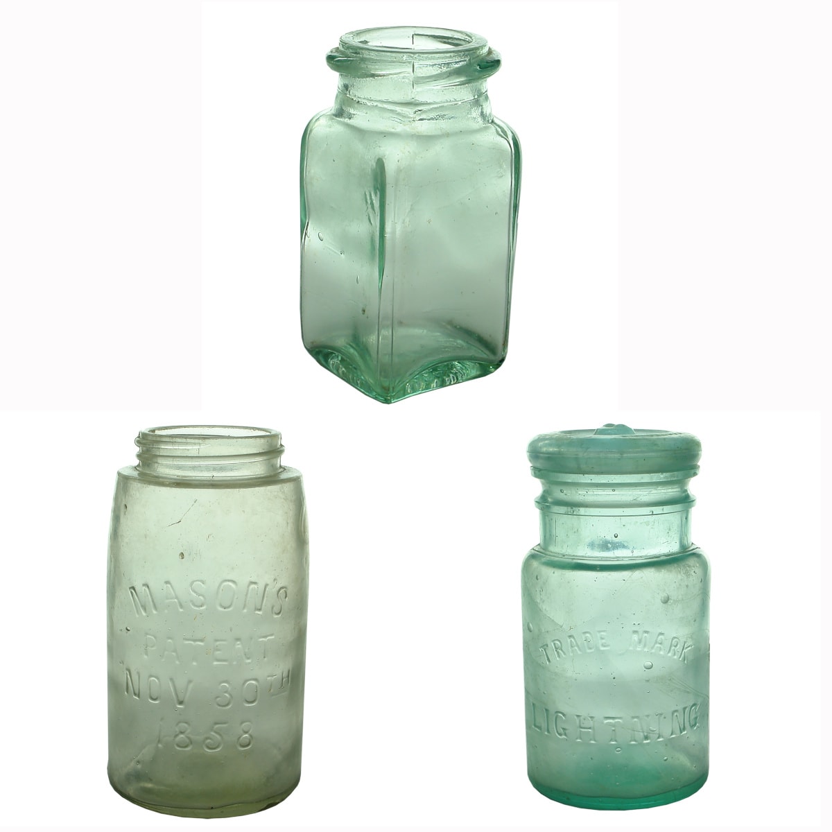 Jars: 1. Matthias & Harrison, Patent, Liverpool. Aqua. Square. 1 Pint. 2. Mason's Patent, Nov 30th, 1858. Clear. 1 Quart. 3. Lightning. Aqua. 1 Pint.