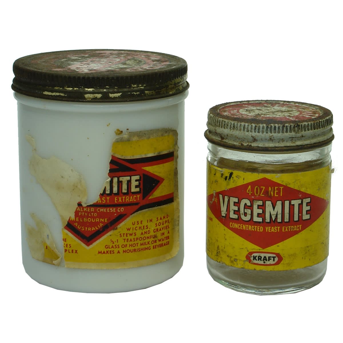 Jar. Pair of Vegemite Jars: 1. Large milk glass jar with tin lid and label. 2. 4 oz. clear glass jar with tin lid and label.