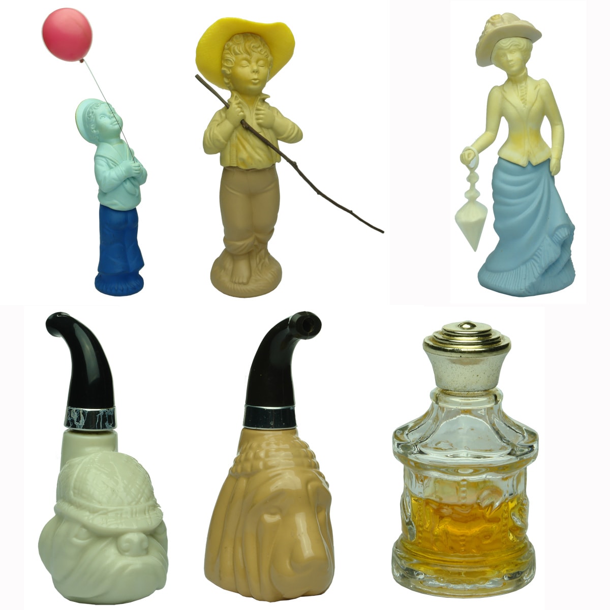 6 Avon Bottles: Boy with Balloon; Boy with Stick; Lady with Parasol; 2 x Dog Head Pipe types; Tiny Carousel.