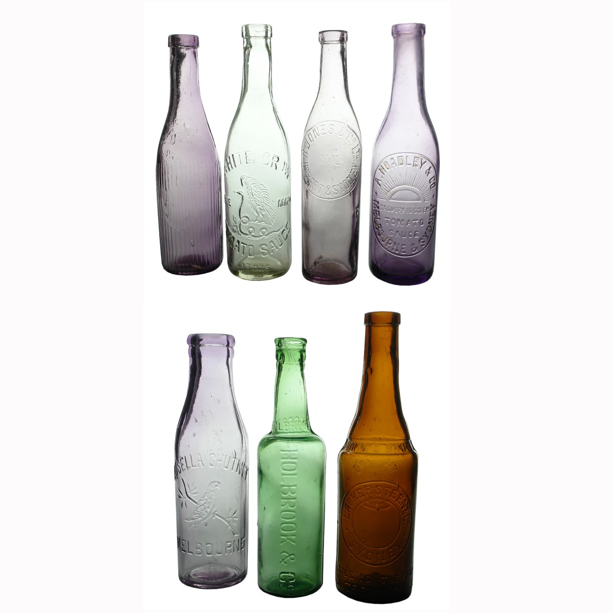 7 Bottles: Sauces & Chutney. Peacocks OK; Lackersteens; White Crow; Hoadley & Co; H. Jones IXL; Rosella Chutney; Holbrook & Co.
