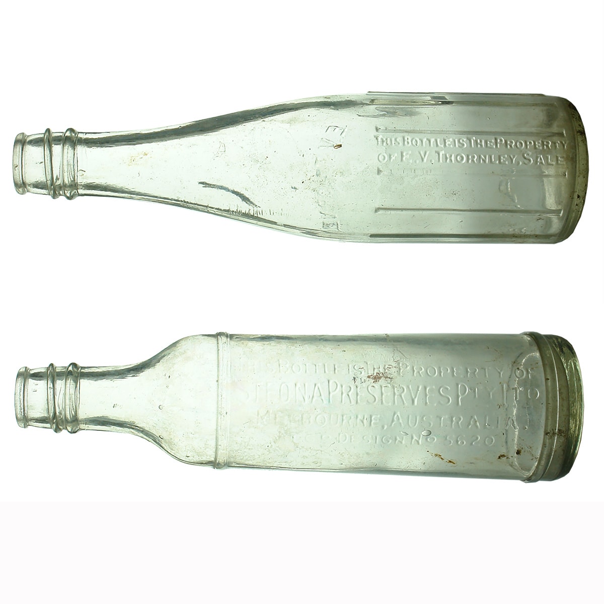 2 Screw top Sauces: E. V. Thornley Sale and Steona Preserves Pty Ltd, Melbourne. Clear. 13 oz. (Victoria)